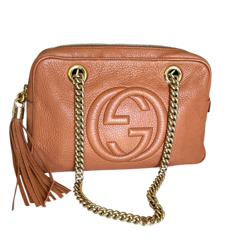 GUCCI Soho Disco Brown Pebbled Leather with Gold Chain Straps